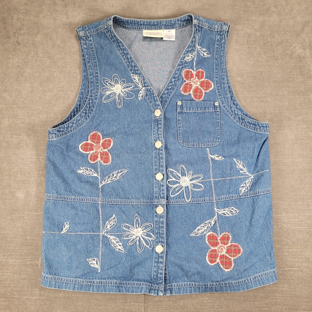 Vintage 90s SUSAN BRISTOL Floral Embroidered Button‎ Front Denim Vest Size Med